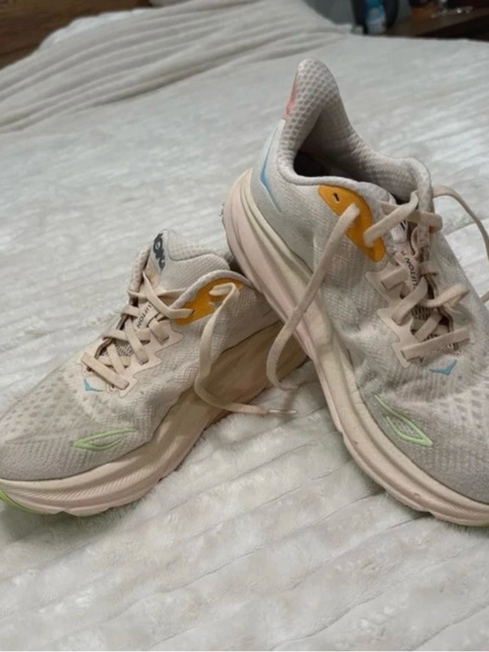 Hoka Women's Beige Running Shoes with Yellow, Blue, and Green Accents